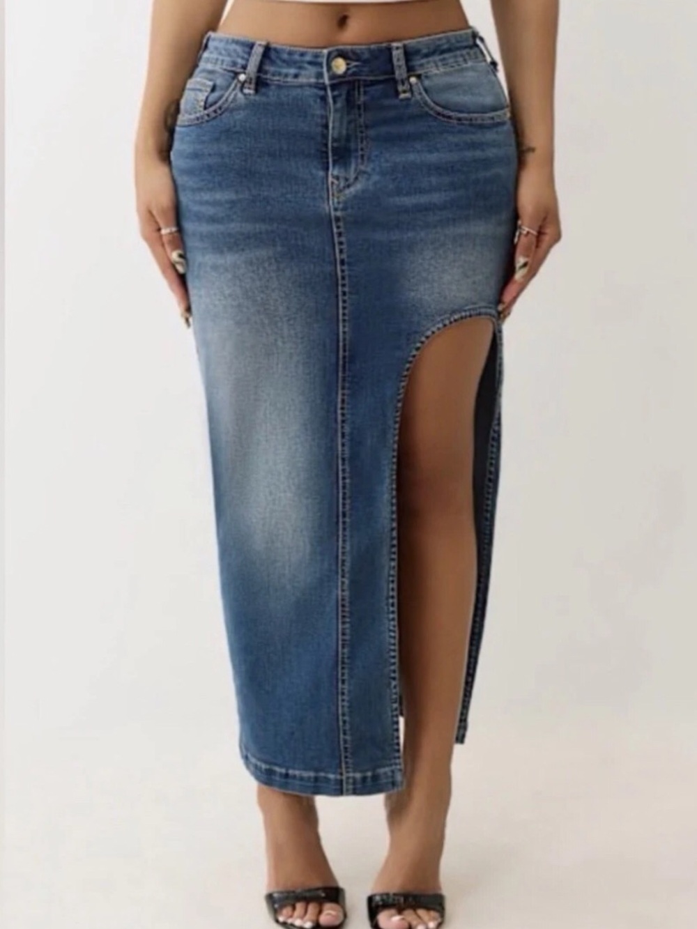True Religion Women’s Stretch Denim Cut-Out Maxi Skirt Size 26
